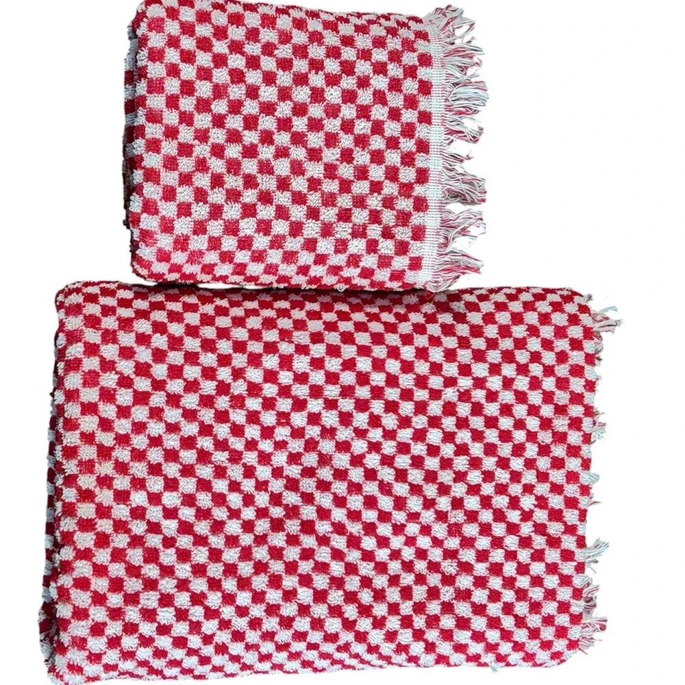 Fieldcrest Vintage MCM Red White Gingham Bath Hand Towel Set 100% Cotton USA